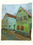 "2 grüne Häuser” Mischtechnik auf Umzugskarton, 103 x 86 cm, 2014